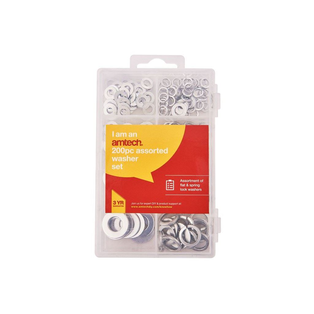 Amtech 200 Piece Steel Assorted Washers Rust Resistant Flat Bolts Screws Repair - S5850