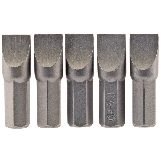 1x Pack Of 5 Draper Chrome Vanadium 8mm 1/4" Hex Plain Slot Insert Bit - 25mm - 64013