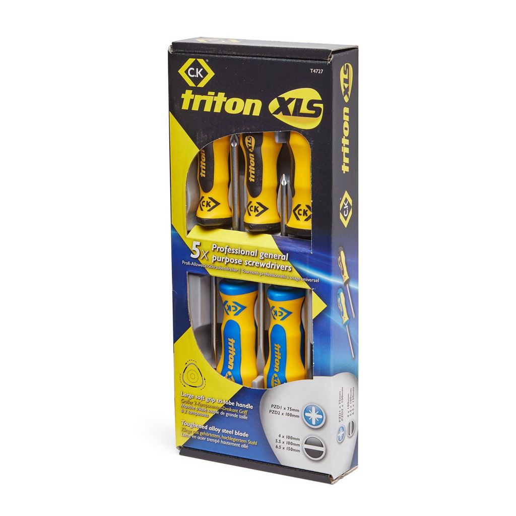 CK Tools Triton XLS Screwdriver - 5 Piece Set SL/PH contains Slotted parallel 4x100, Slotted flared 5.5x100, 6.5x150 PZ1x75, PZ2x100 - T4727