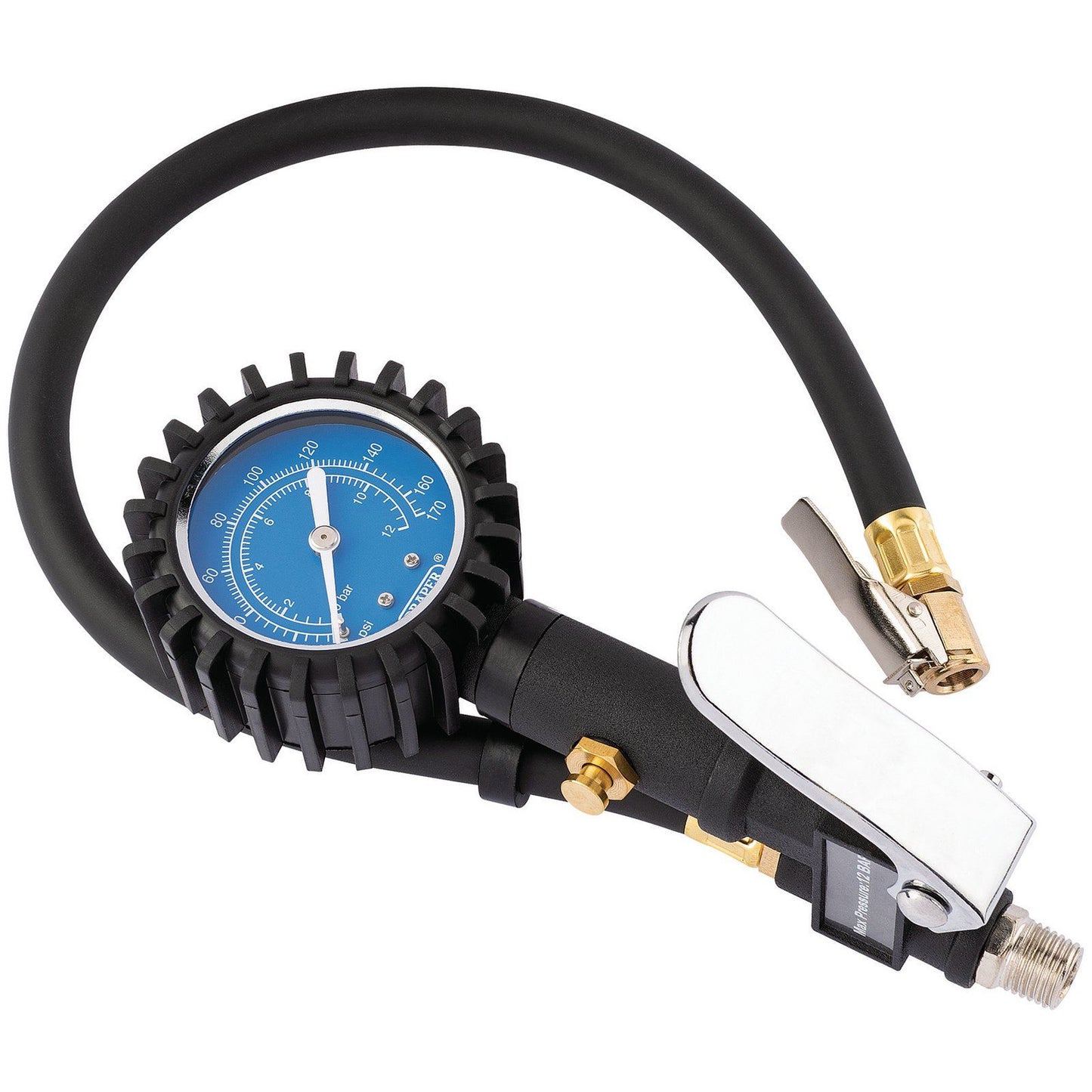 Draper Black Garage Air Line Tyre Pump Inflator Pressure Gauge Compressor Tool - 91320