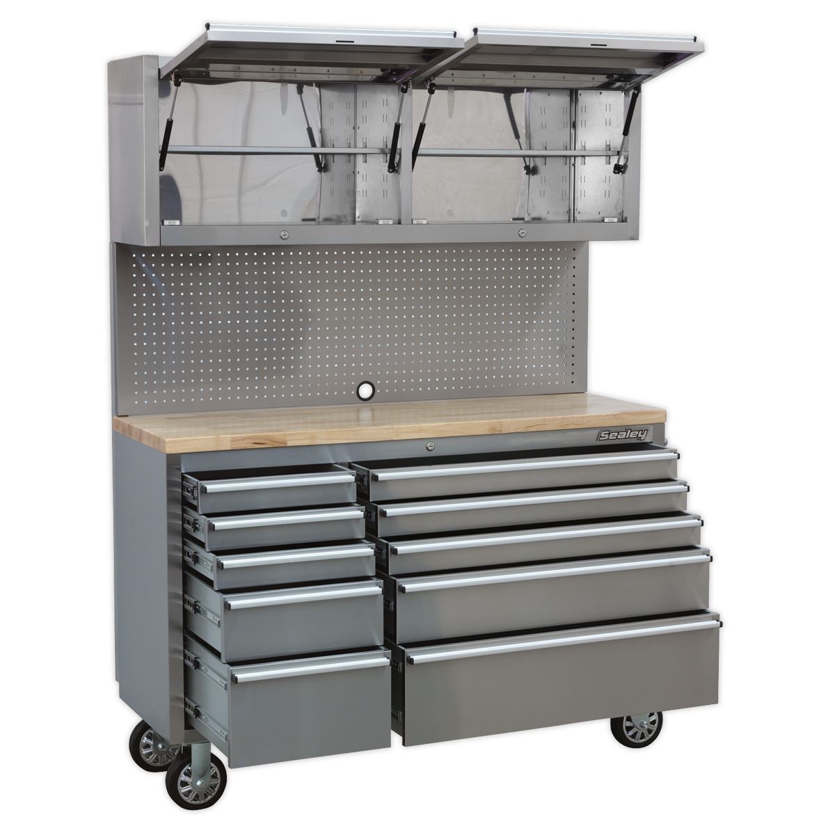 Premier Mobile Stainless Steel Tool Cabinet 10 Drawer with Backboard & 2 Wall Cupboards AP5520SS