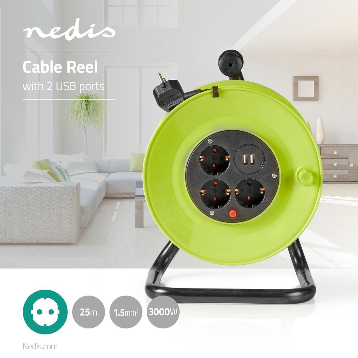 Nedis Cable Reel 25m 3x 1.5 mm² Thermal Cutoff Schuko & USB - PECCR25UFGN