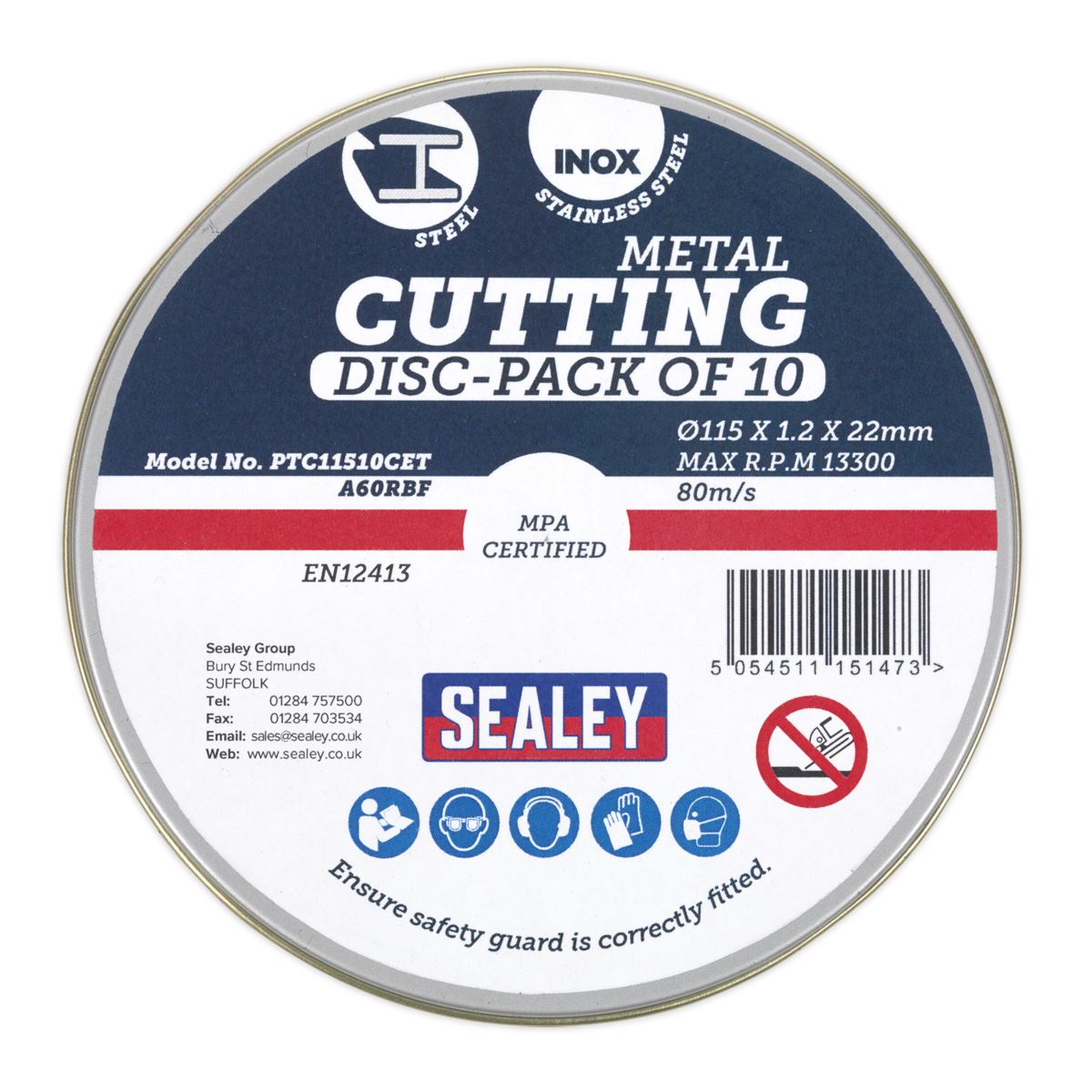 Sealey Cutting Disc 115 x 1.2mm 22mm Bore Pack of 10 PTC11510CET