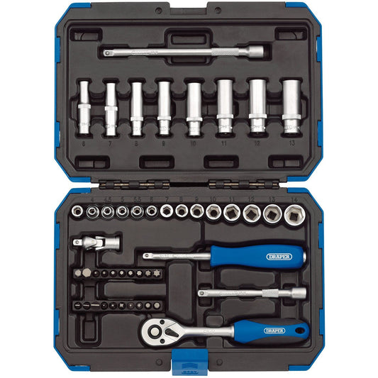 Draper 47 Piece 1/4" Metric Hex Socket Deep Kit, Ratchet, Bit Set & Case, 16355