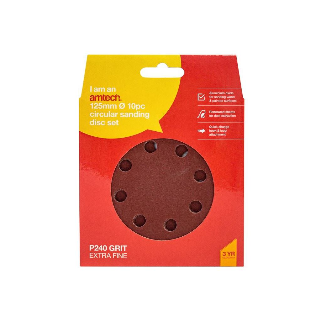 Amtech 10x 125mm Circular Sanding Disk Set Round Hook & Loop  P240 Grit - V4095