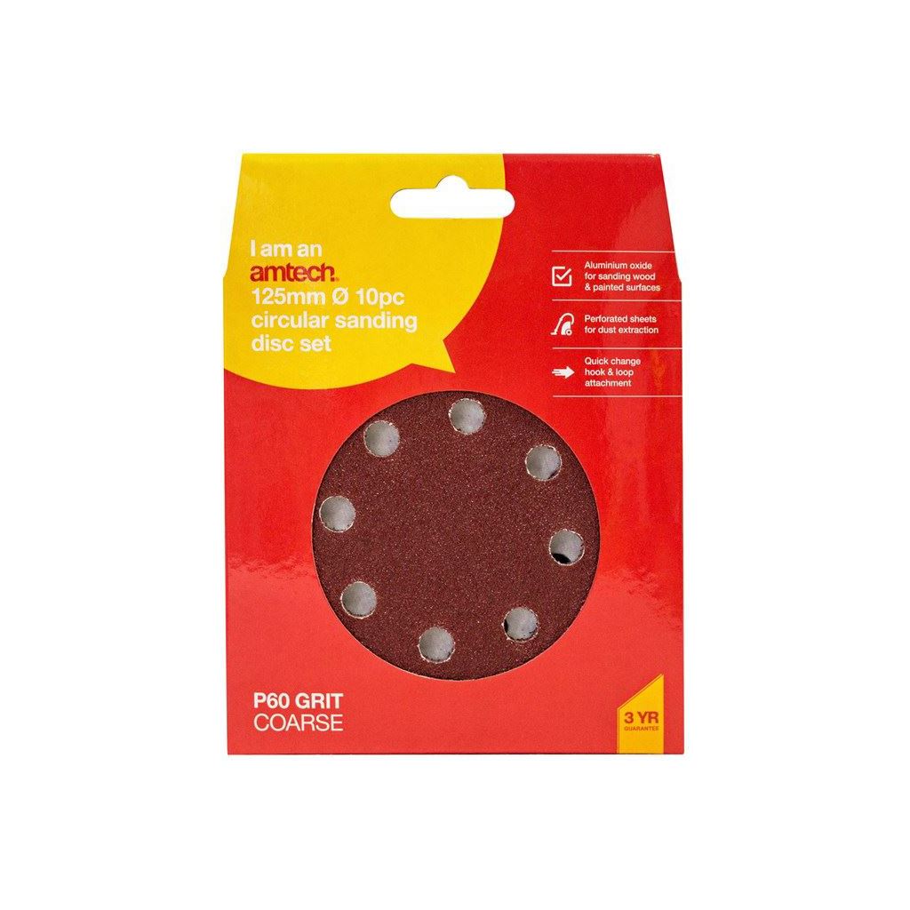 Amtech 125mm 10x Circular Sanding Sheet Disk Round Hook & Loop Velcro P60 Grit - V4080