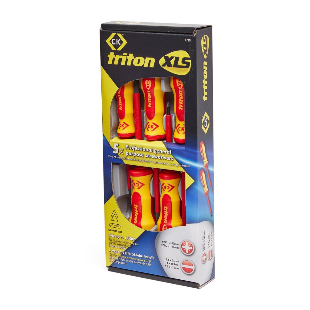 CK Tools Triton XLS Insulated Screwdriver - 5 Piece Set SL/PH contains Slotted parallel 2.5x75, 4x100, 5.5x125, PZ1x80, PZ2x100 - T4729