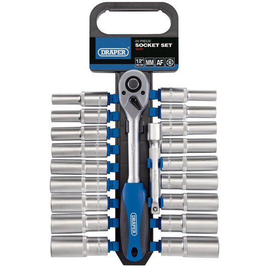 Draper 1/2" Square Drive Combined mm/AF Deep Socket and Ratchet Set (20 Piece) - 16377