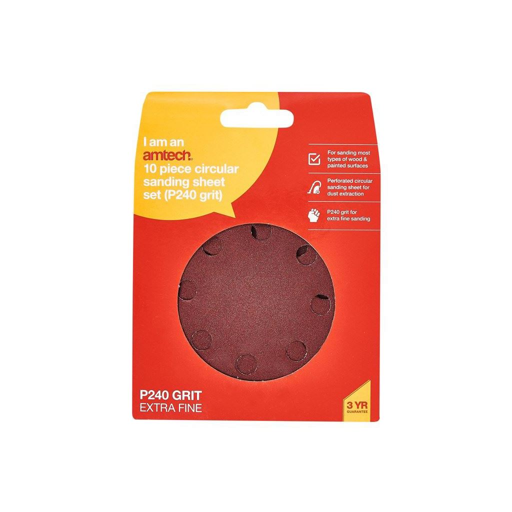 Amtech 10x 115mm Circular Sanding Disk Set Round Hook & Loop P240 Grit - V4075