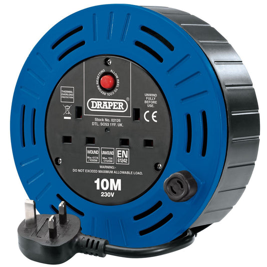 Draper 10M Robust Easy Wind Twin Socket Cable Reel With Thermal Cut Out - 230V - 02126