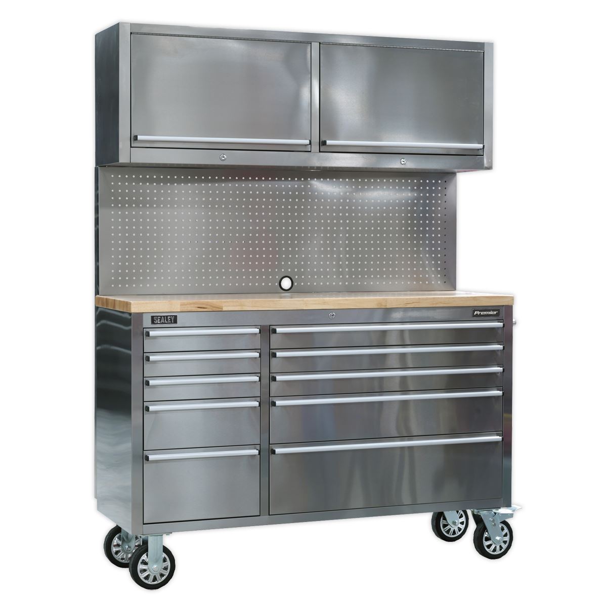 Premier Mobile Stainless Steel Tool Cabinet 10 Drawer with Backboard & 2 Wall Cupboards AP5520SS