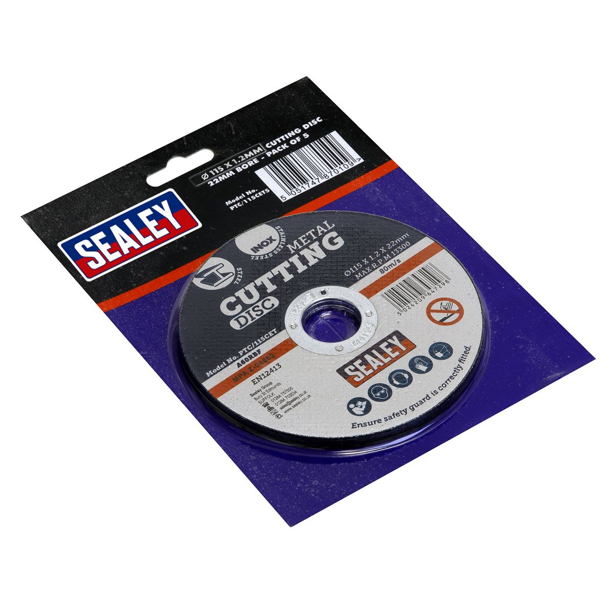 Sealey Cutting Disc 115 x 1.2mm 22mm Bore Pack of 5 PTC/115CET5