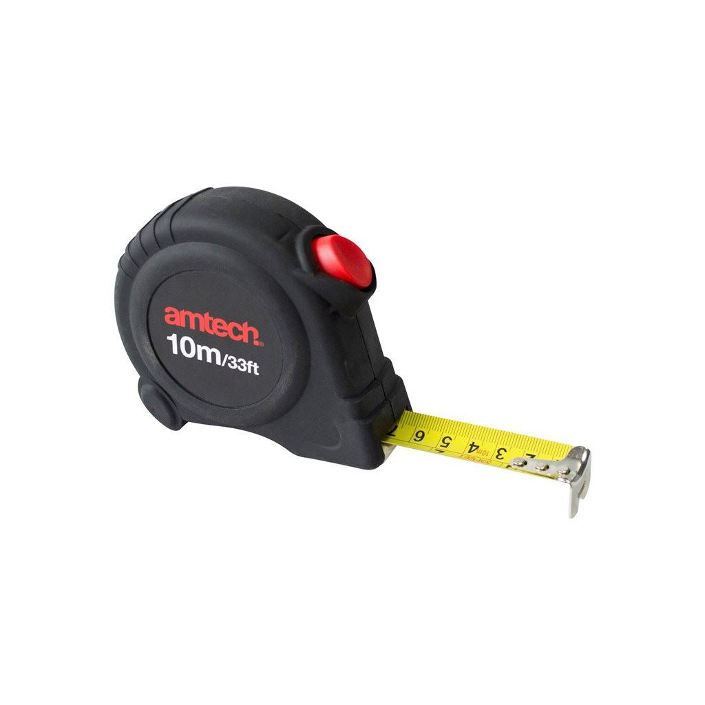 Amtech 10m x 25mm Self Locking Measuring Tape+Push Button+Belt Clip - P1275