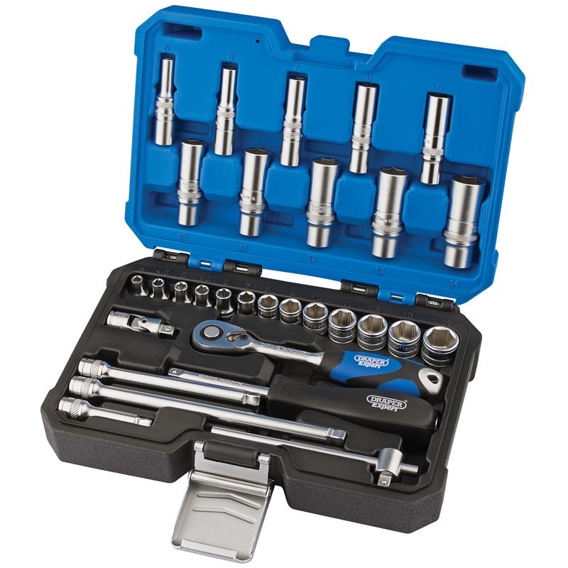 Draper 16444 1/4" Drive 30 Piece Standard & Deep Metric Socket Set 4-14mm