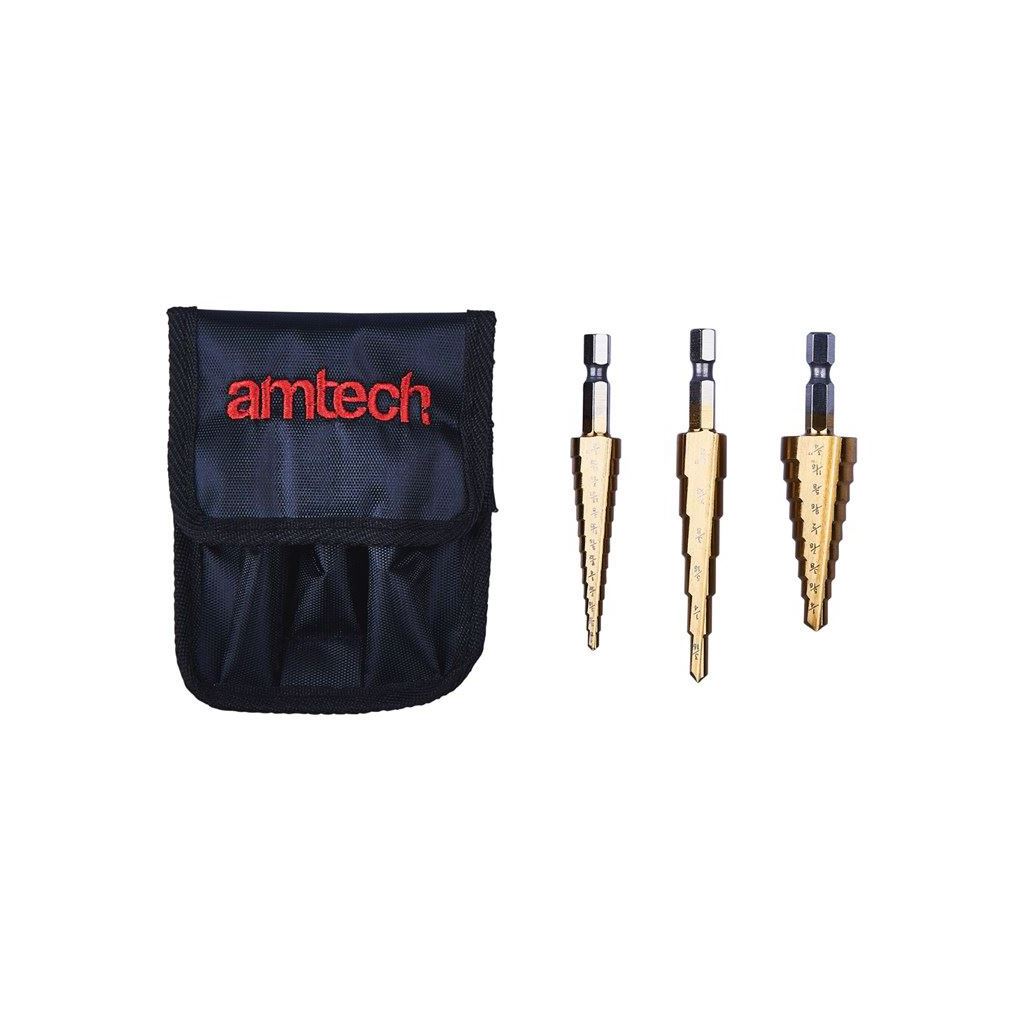 Amtech 3 Piece Titanium Hss Cone Step Drill Bit Set Imperial 1/4" Hex Shank DIY - F0785