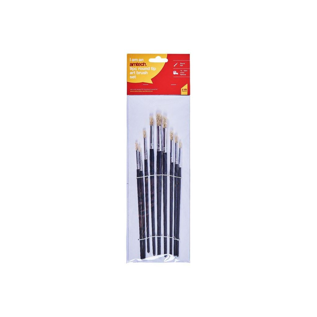 Amtech 9 Piece Round Tip Artist Paint Brush Set Professional Quality Art & Craft - S4135