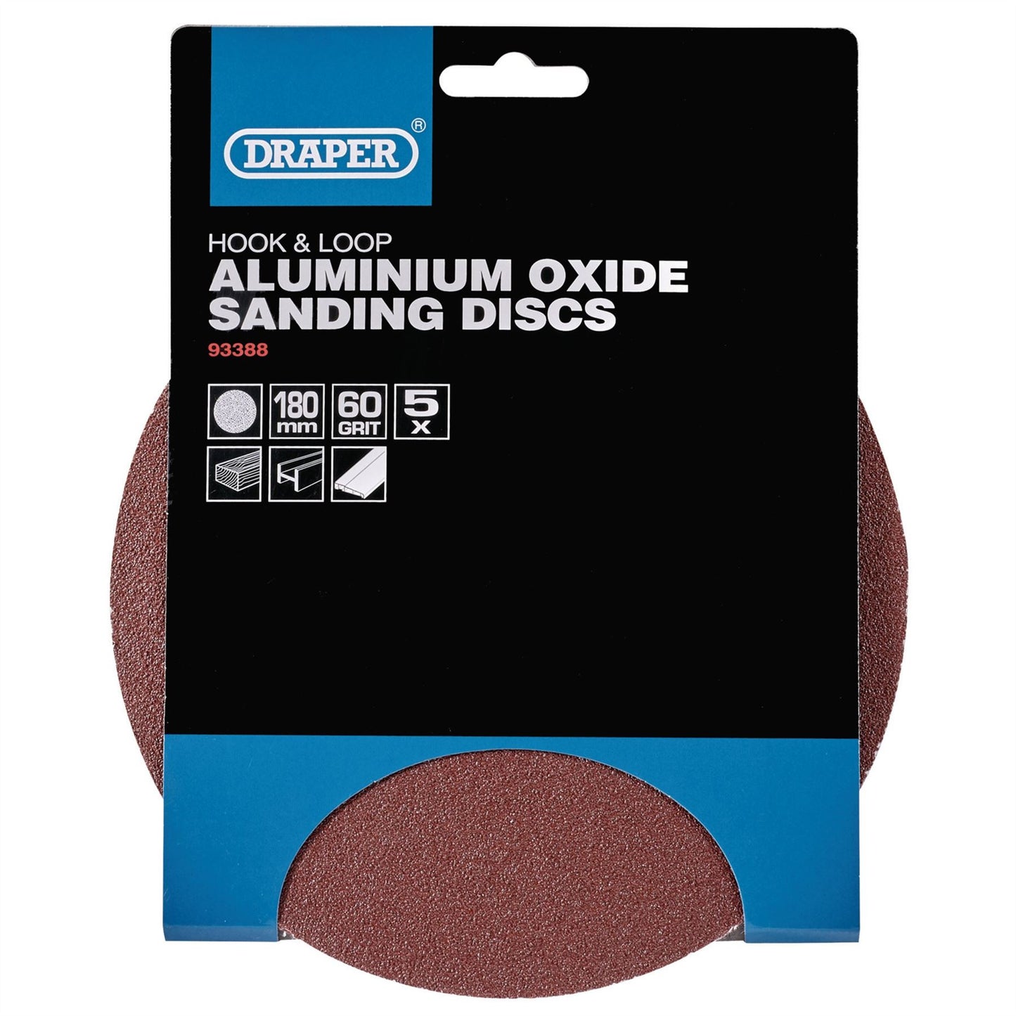 Draper 93388 5 Pack 180mm Hook and Loop Aluminium Oxide Sanding Discs (60G)