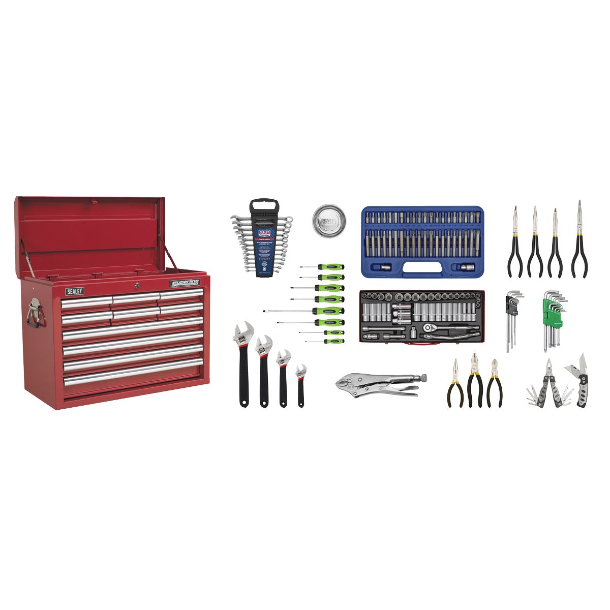 Sealey Topchest 10 Drawer - Red & 140pc Tool Kit AP33109COMBO