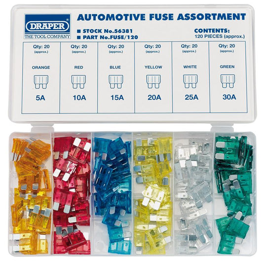 Draper 120 PCE ASSORTED AUTOMOTIVE CAR FUSES 5A 10A 15A 20A 25A & 30AMP 56381