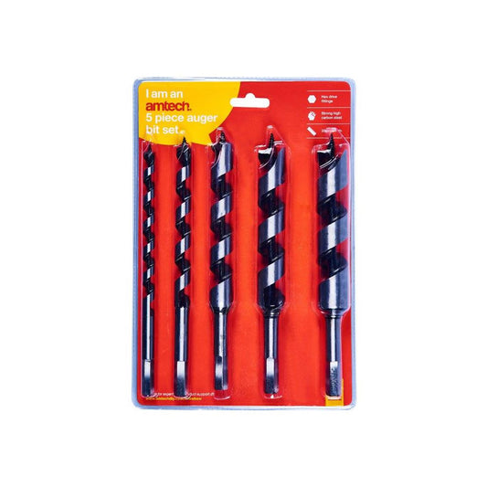 Amtech 5 Piece Auger Bit Set 10mm 13mm 19mm 22mm 25mm Carbon Steel Wood - F1370