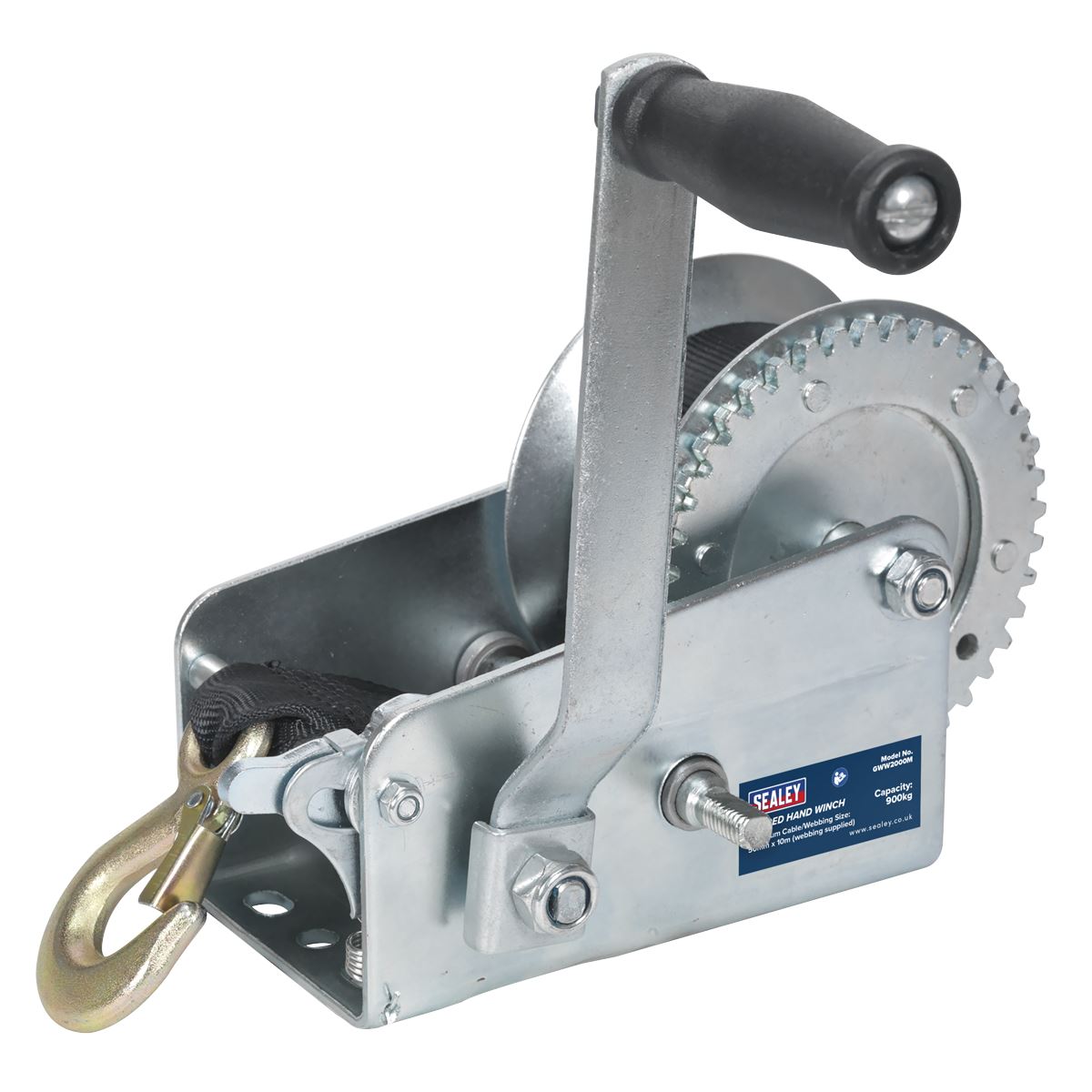 Sealey Geared Hand Winch 900kg Capacity with Webbing Strap GWW2000M