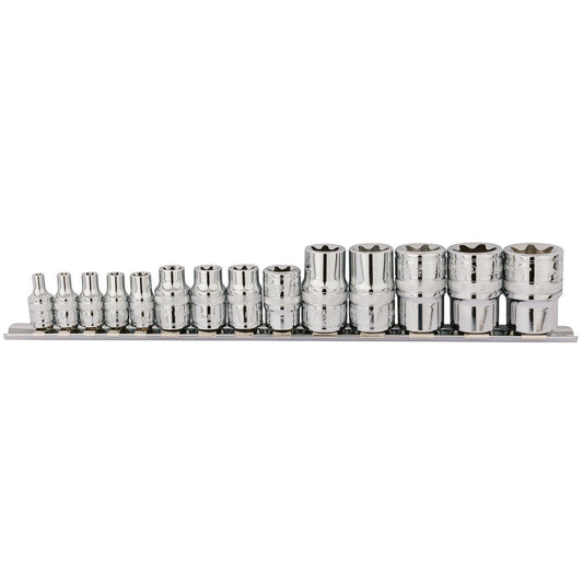 DRAPER EXPERT 14PC 1/4, 3/8, 1/2" Square Drive TX-STAR CRV SOCKET SET ON RAIL - 34415