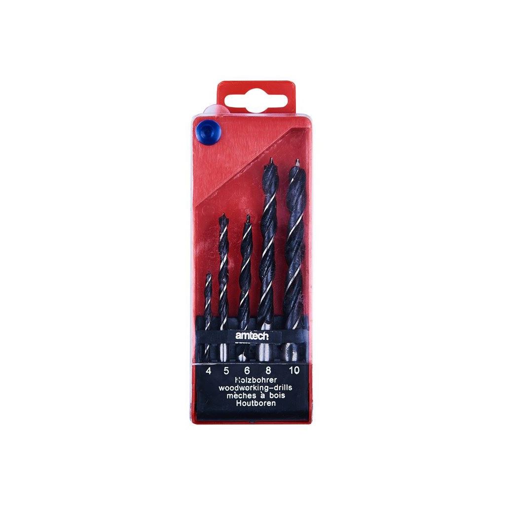 Amtech 5 Piece Wood Drill Bit Set In Case Professional Quality+Carbon Steel Tips - F1450