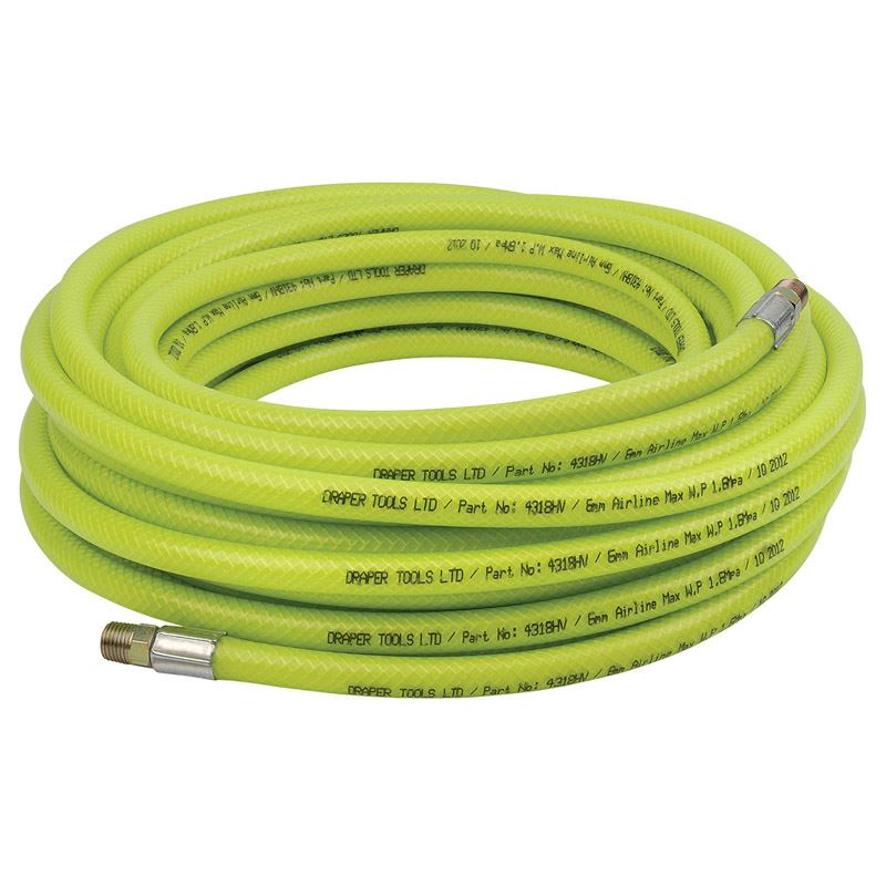 1x Draper 15.2M 1/4" BSP Male 6mm Bore High-Vis Air Line Hose - 23189