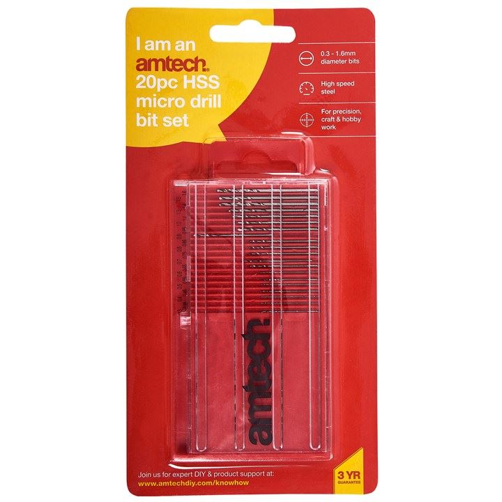 Amtech 20 Piece Hss Metal Micro Tiny Mini Small Drill Bit Set Metric 0.3mm-1.6mm