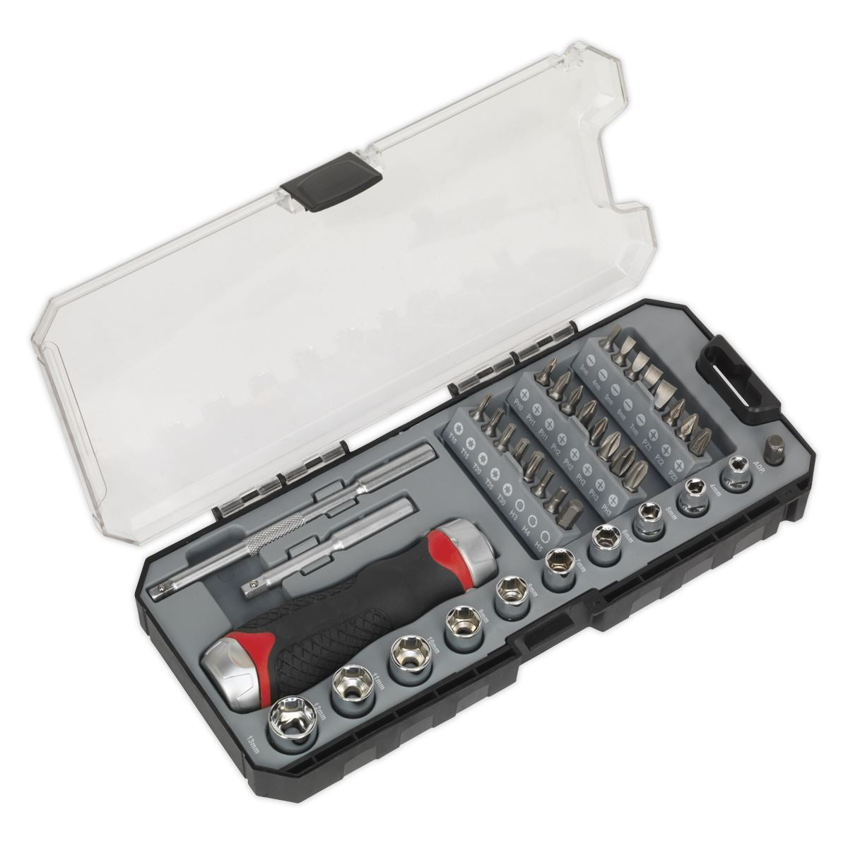 Sealey Fine Tooth Ratchet Screwdriver Socket & Bit Set 38pc AK64905