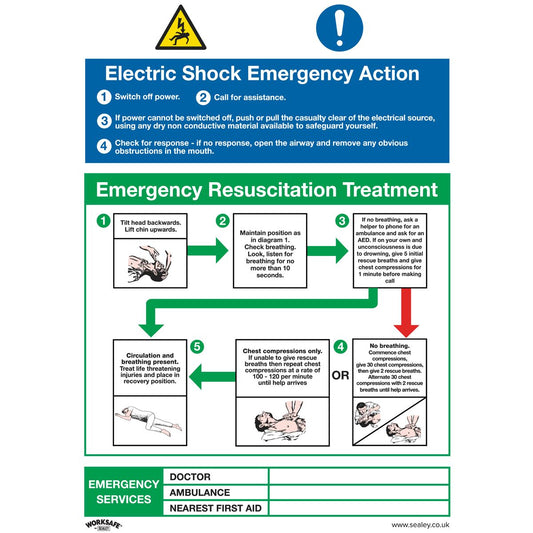 Sealey Safety Sign - Elec. Shock Emergency Action - Rigid Plastic SS33P1