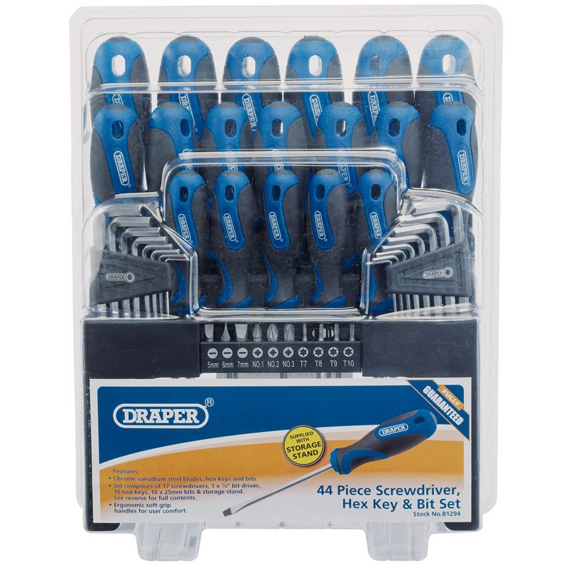 Draper 81294 Screwdriver Set with Storage Stand & Allen/Hex Key & Bit 44 Piece