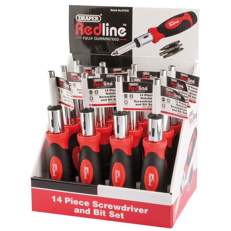 Draper Redline 14 Piece Ratchet/Ratcheting Screwdriver 1/4" Holder & Bits In Handle - 67543