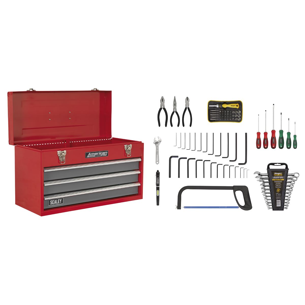 Sealey Portable Tool Chest 3 Drawer - Red/Grey & 93pc Tool Kit AP9243BBCOMBO