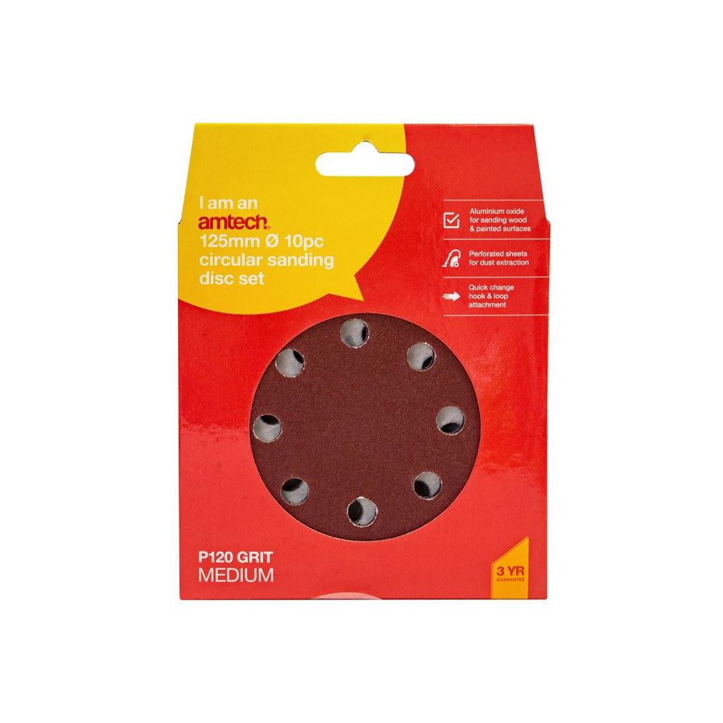 Amtech 10x 125mm Circular Sanding Disk Set Round Hook & Loop  P120 Grit - V4090