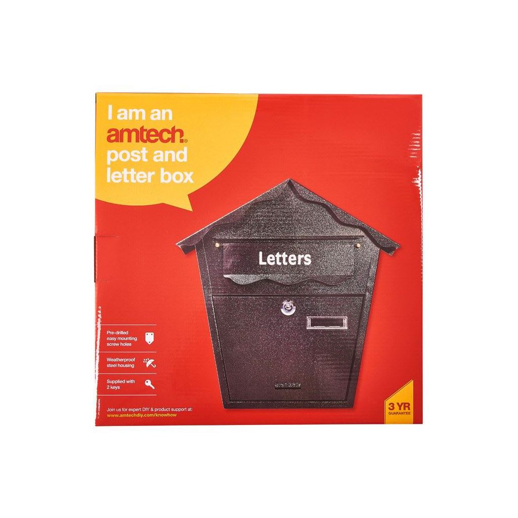 Amtech Heavy Duty Wall Mounted Steel Mail Letter Box Lockable Post Box Black - S5550