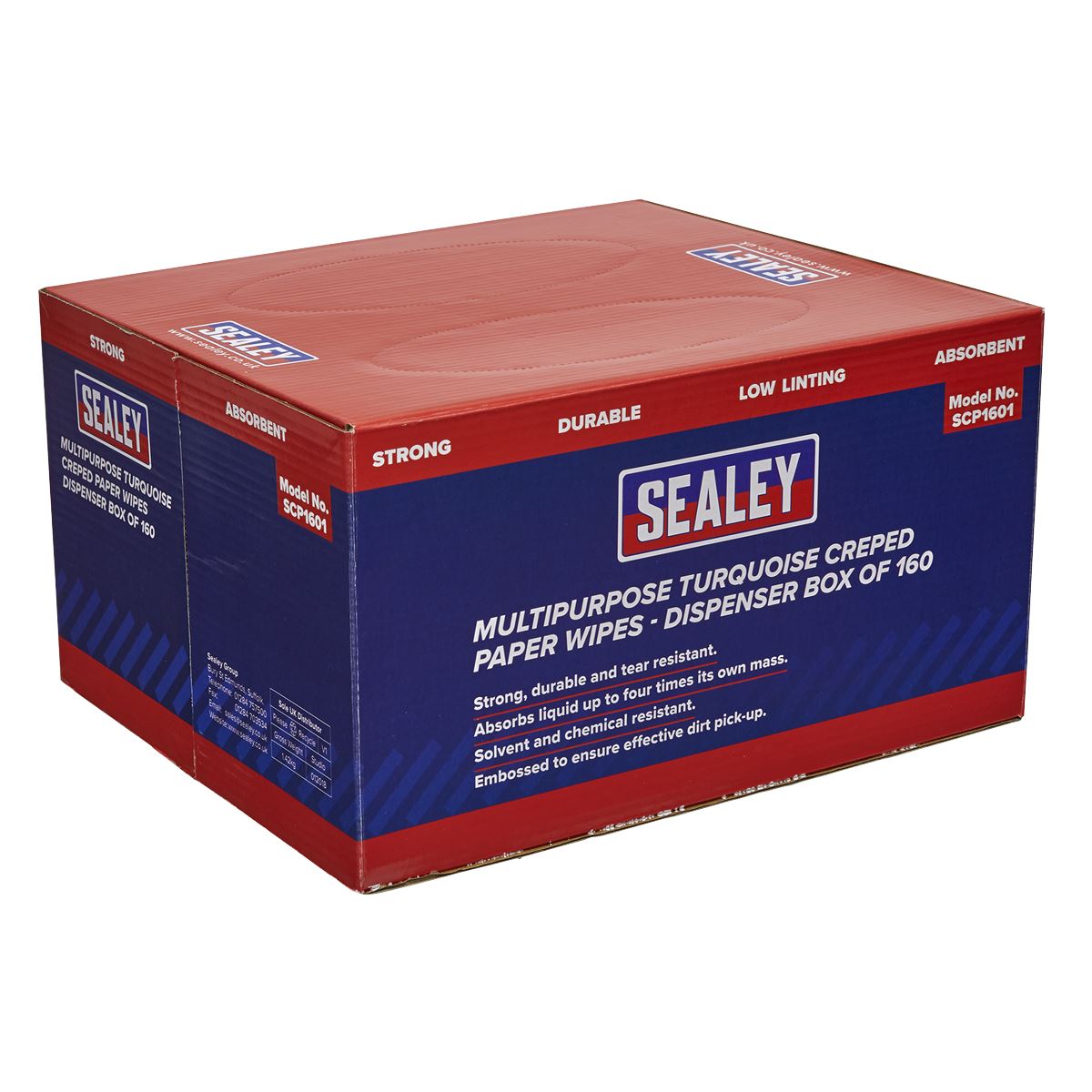 Sealey Paper Wipes in Dispenser Box - Creped Turquoise 69gsm x 160 SCP1601