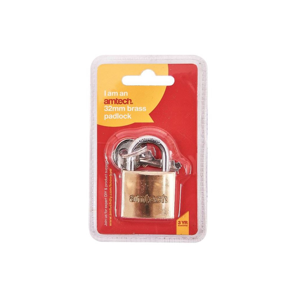 Amtech Tough Brass Padlock Hardened Steel Shackle Lock 20-32mm+3 Keys - T1000C